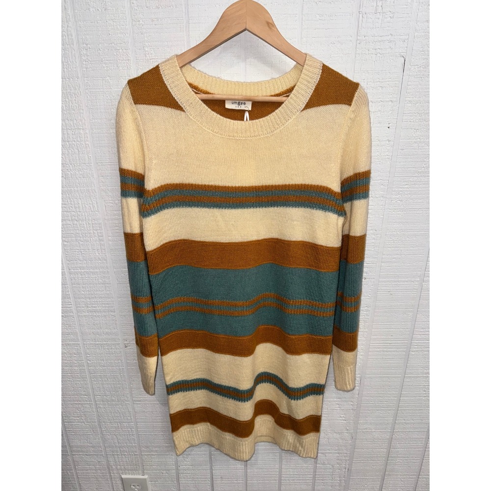 Umgee Sweater Dress Women Cream Orange Teal Striped Knit Boho Size S